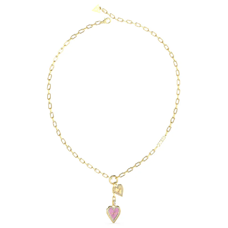 Guess Stainless Steel Gold Plated Pink Double Heart Pendant On 16-18 Chain