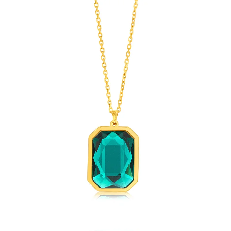 Sterling Silver Gold Plated Rectangle Emerald Green Crystal Pendant On Chain