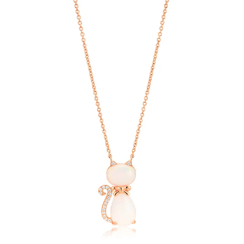 Sterling Silver Rose Gold Plate Created Opal & Zirconia Cat Pendant with 42+3cm Chain