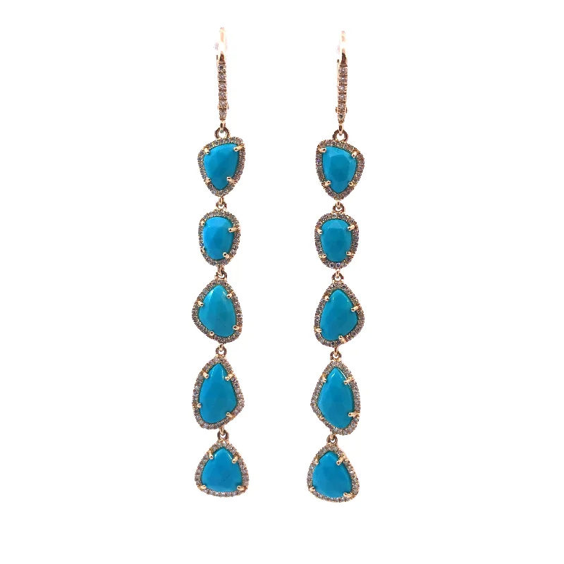 Yellow Gold Turquoise and Diamond Dangle Earrings