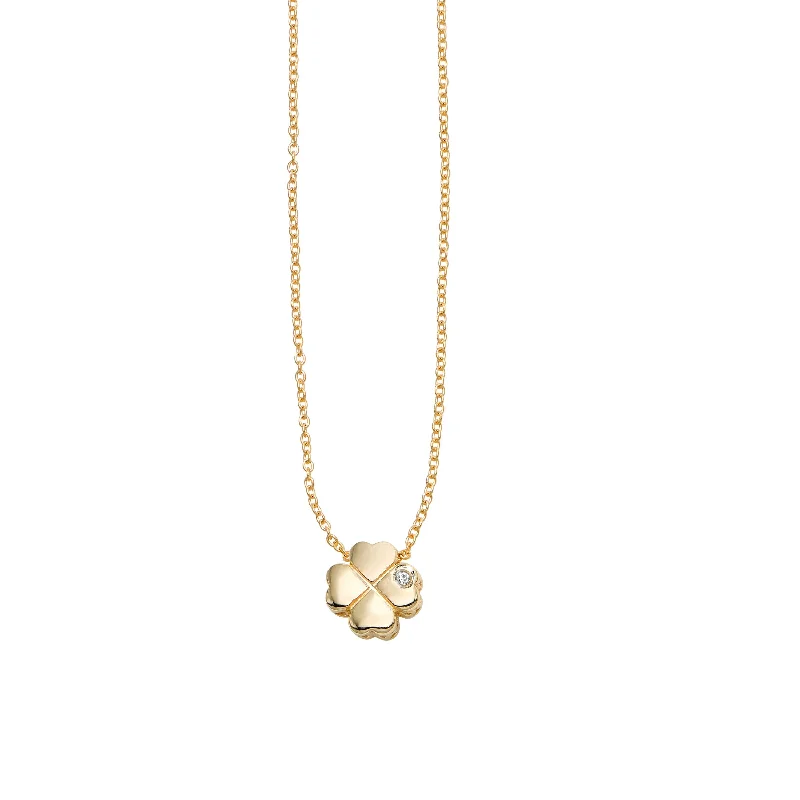 14kt Gold 18 inches Yellow Finish 7mm(CE),0.8mm(Ch) Polished 2 inches Extender 4 Leaf Clover Necklace with Lobster Clasp with 0.0050ct 1mm White Diamond