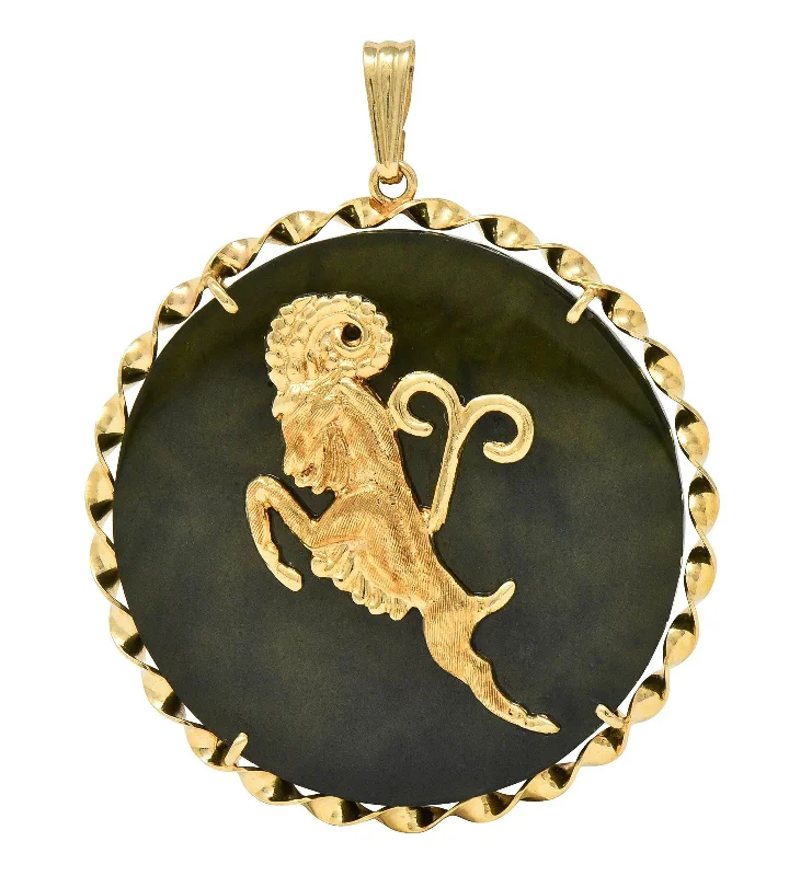 1970's Nephrite Jade 14 Karat Yellow Gold Vintage Aries Zodiac Pendant