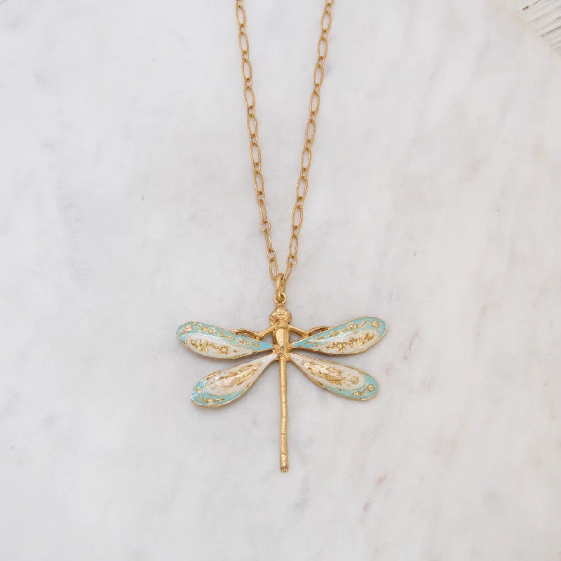 Enamel Dragonfly Necklace- Light Blue & White