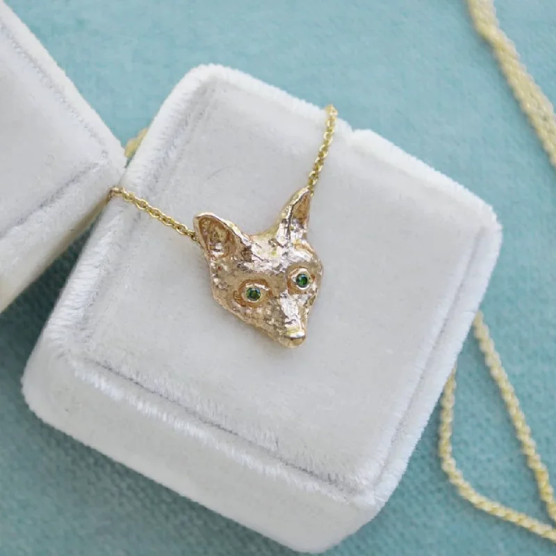 Fox Pendant Necklace with Green Diamond Eyes