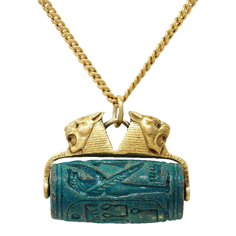 Frank Walter Lawrence Hardstone 18 Karat Gold Antique Egyptian Sphinx Cylindrical Seal Unisex Pendant Necklace