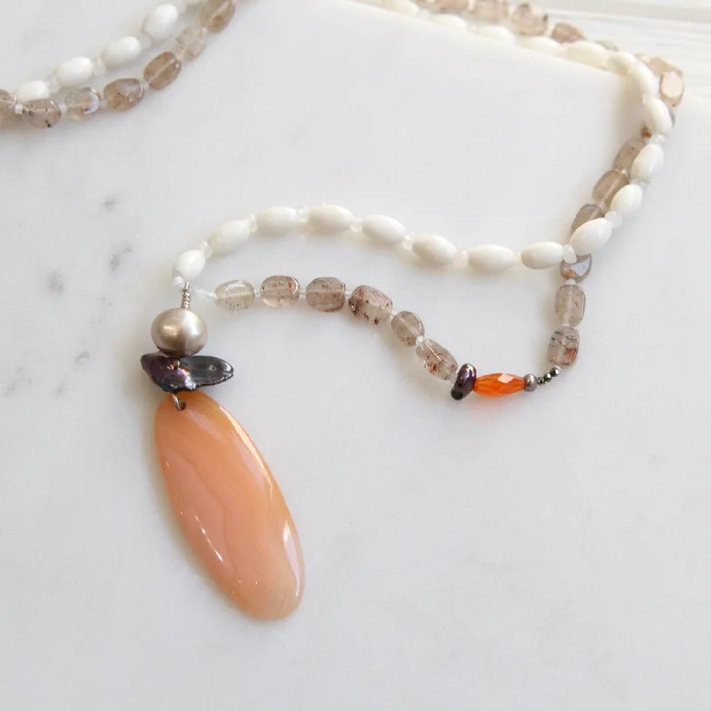 Agate & Bone Necklace with Pearl & Carnelian Pendant