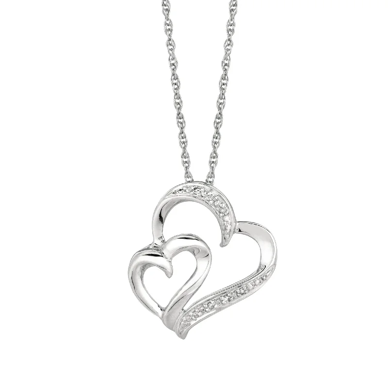 Silver 18 inches Rhodium Finish Shiny 1.1mm Cable Chain with Lobster Clasp+0.03Ct White Diamond One Small+One Large Open Heart Pendant