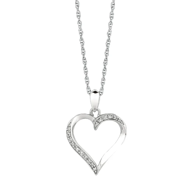 Silver 18 inches Rhodium Finish Shiny 1.1mm Cable Chain with Lobster Clasp+0.05Ct Diamond Fancy Open Heart Pendant