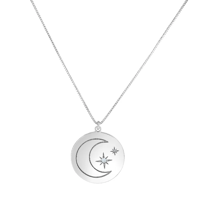 Silver 18 inches with Rhodium Finish 20.7mm(CE),0.7mm(Ch) Polished Round 2 inches Extender Star & Moon Necklace with Lobster Clasp with 0.0300ct 2mm White Diamond