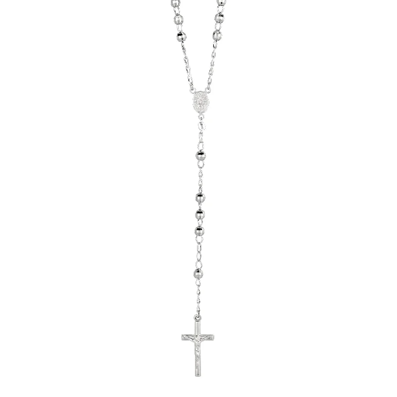 Silver 26 inches with Rhodium Finish 5mm Shiny Diamond Cut Rosary Bead+Chain Link Necklace+Cross Pendant with Figurine