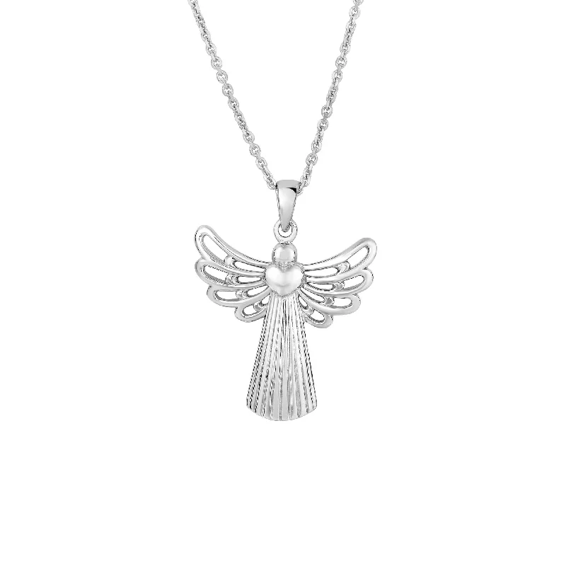 Silver with Rhodium Finish 31X24mm Open Wing Angel Fancy Pendant On 18 inches Silver 1.4mm Cable Chain with Lobster Clap